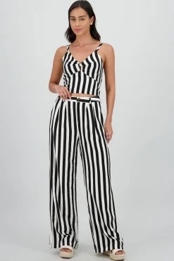 Shasa Wide Leg Striped Pants with Button Detail