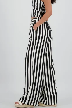 Shasa Wide Leg Striped Pants with Button Detail
