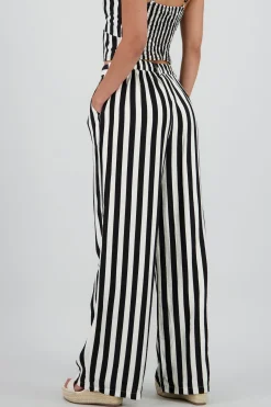 Shasa Wide Leg Striped Pants with Button Detail