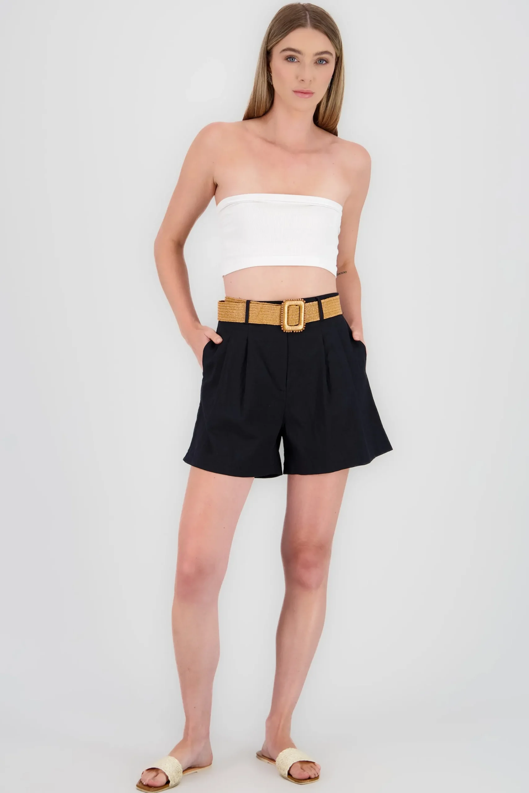 Shasa Wide Shorts with Linen Belt Detail