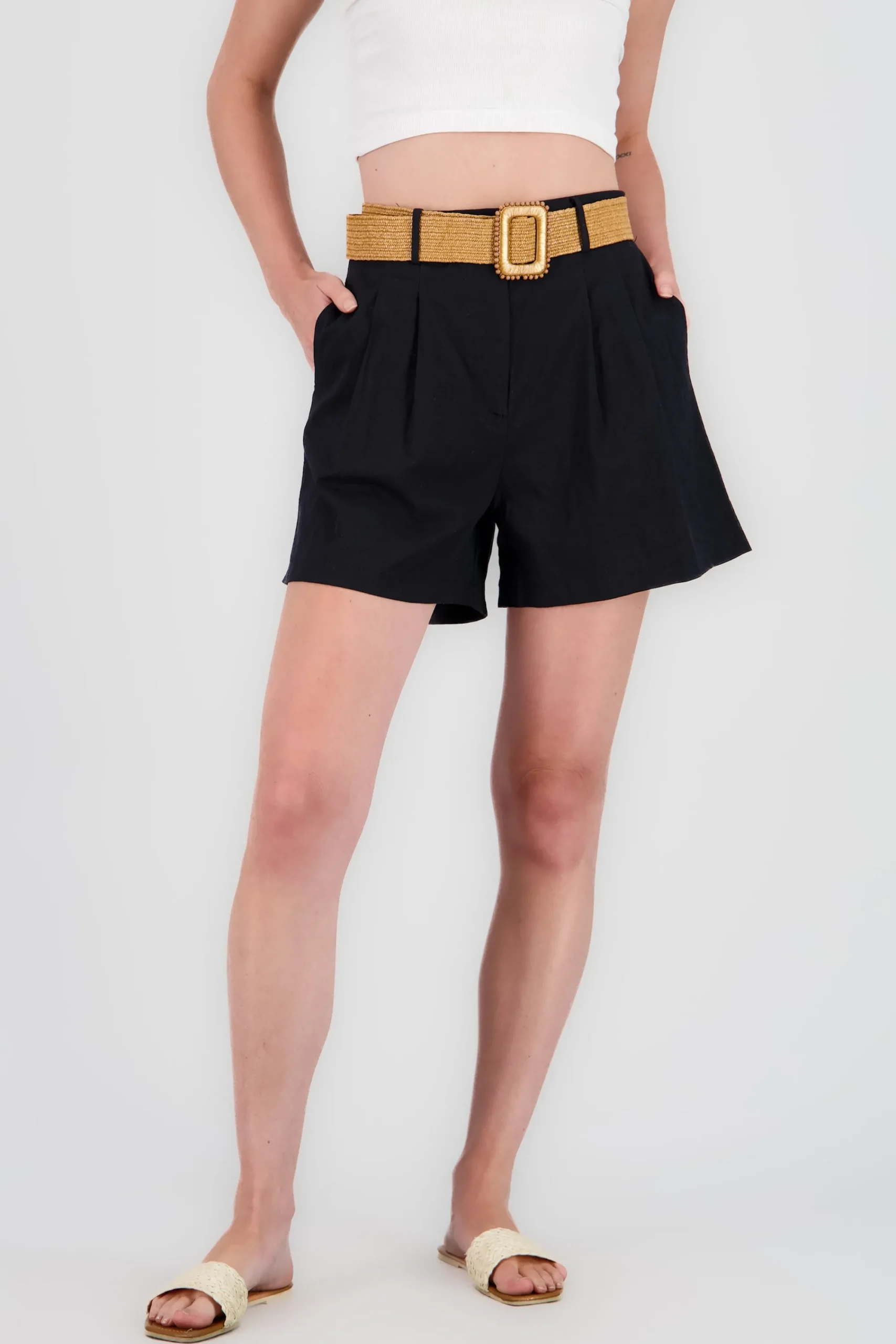 Shasa Wide Shorts with Linen Belt Detail